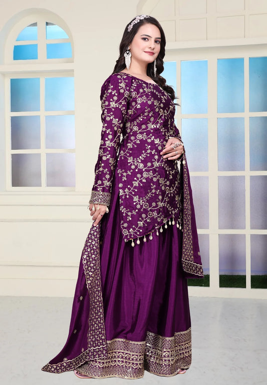 Embroidered Chinon Sharara Suit With Sequence Embroidered Work