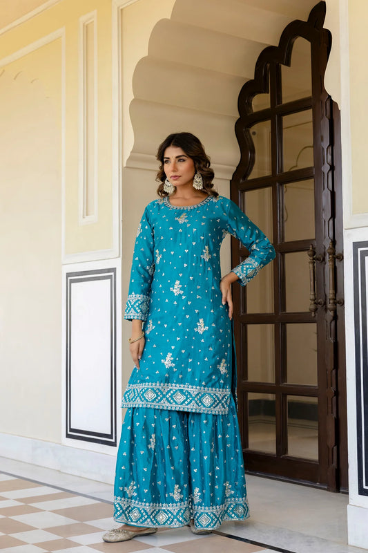 Lavender Color Top Bottom 3Pcs Sharara Pair