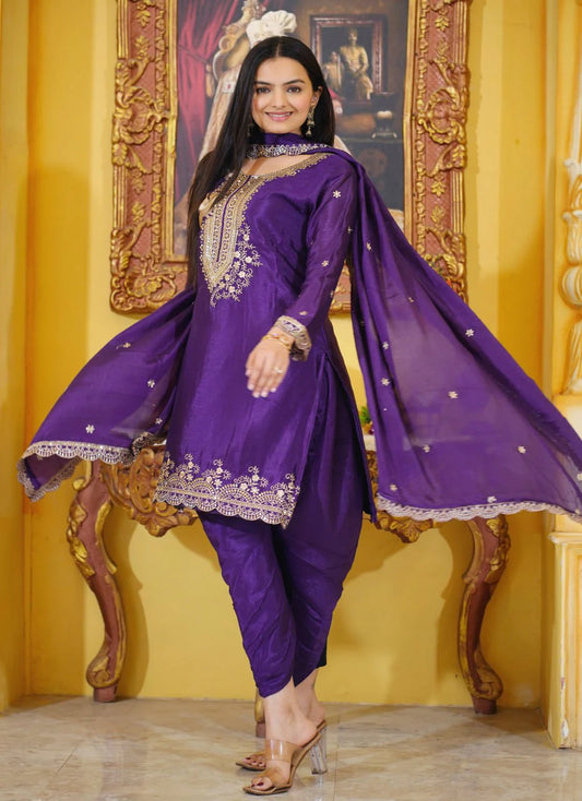 Embroidered Chinon Dhoti Suit With Sequence Embroidered Work