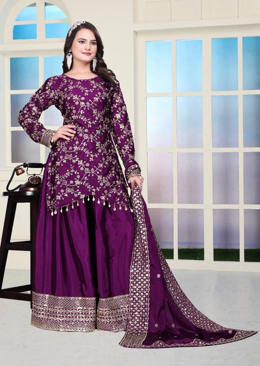 Embroidered Chinon Sharara Suit With Sequence Embroidered Work