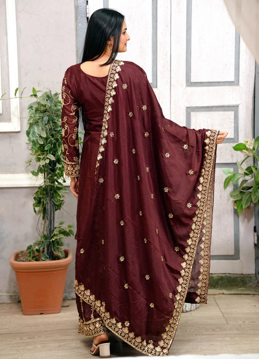 Embroidered Chinon Sharara Suit With Sequence Embroidered Work