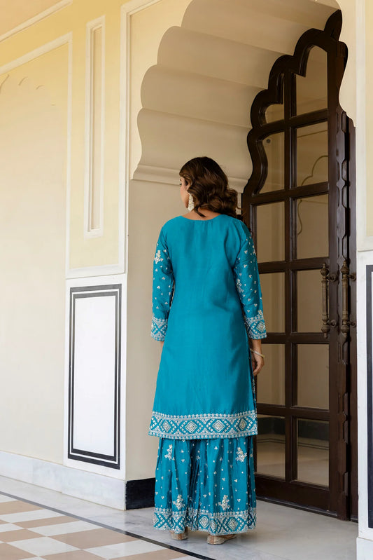 Lavender Color Top Bottom 3Pcs Sharara Pair